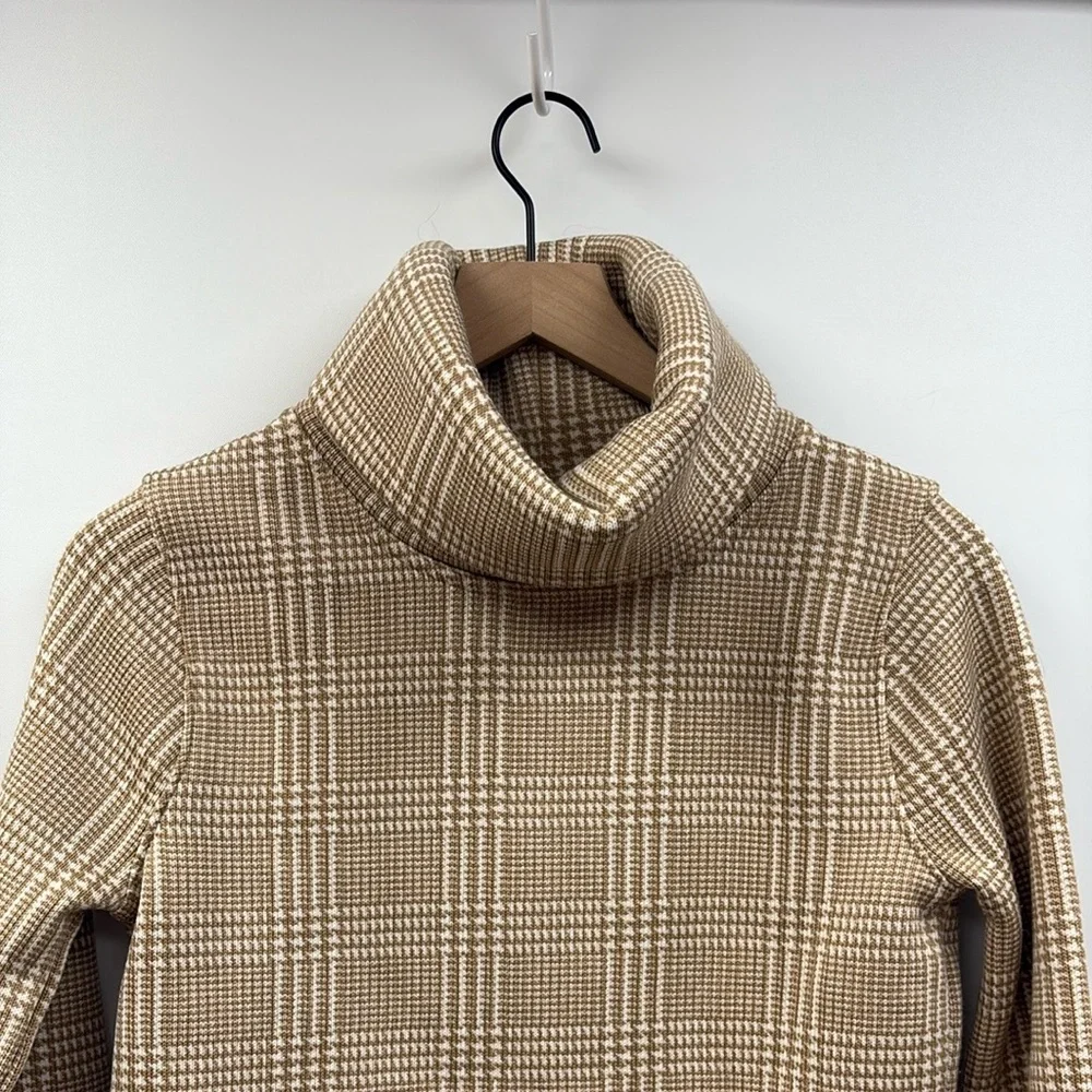 NWOT J. Crew Houndstooth Plaid Fleece Funnel Neck Pullover Sweater Tan XS